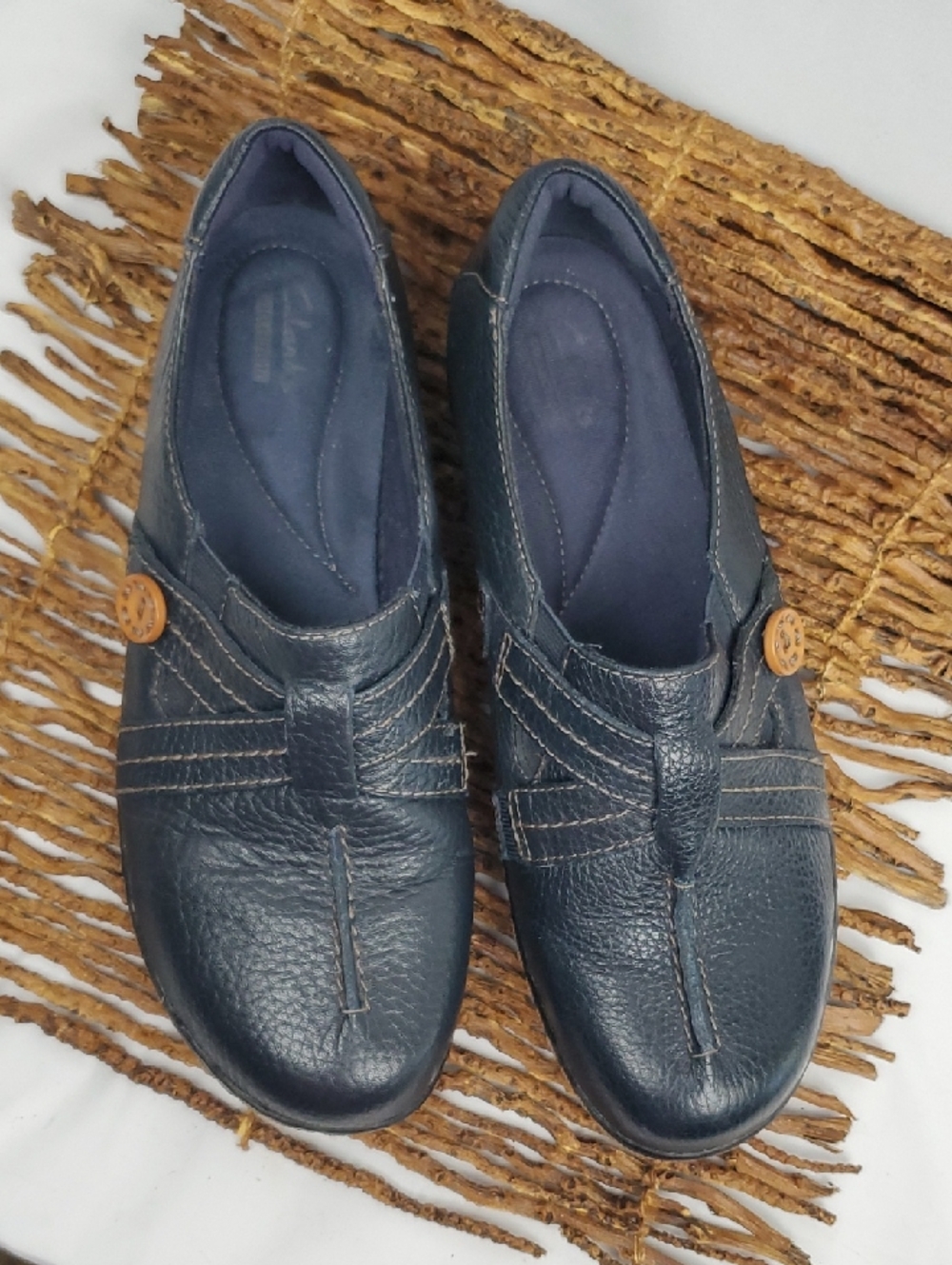 Clarks Navy Leather Slip-On Loafers with Accent Button